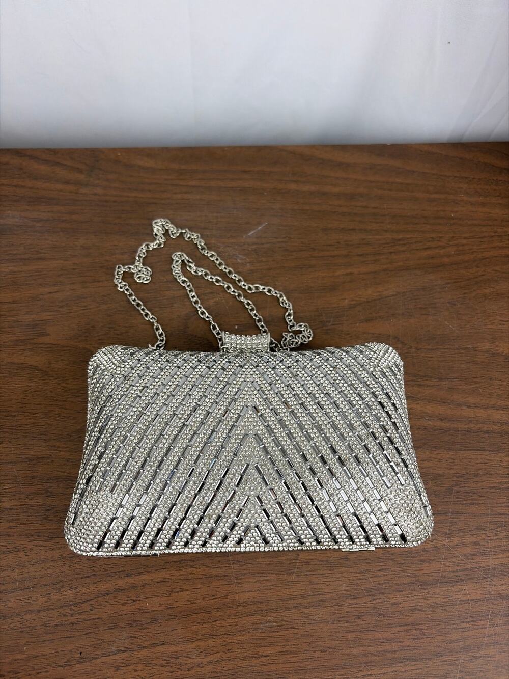 Silver Rhinestone Evening Clutch Bag Geometric V Stripe Sparkly Wedding Purse